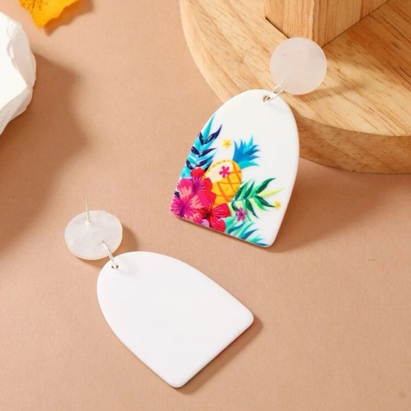 Tropical Floral & Pineapple Pattern Geometric Drop Earrings - Picture 2 of 5